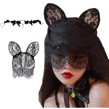 Katteøre Hårbøjle Voksen med Blonde Slør og Blondekrave Hals Tilbehør Blonde Choker Ring Halskæde Krave til Kvinder Sort One Size