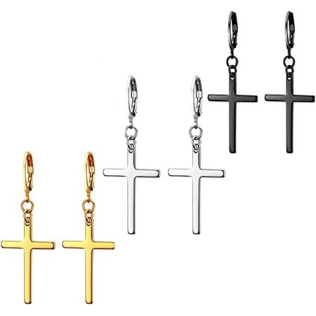 Herre Dame Kors Øreringe - Rustfrit Stål Hængende Kors Øreringe Sølv Guld Sort, Rustfrit Stål 3 Par