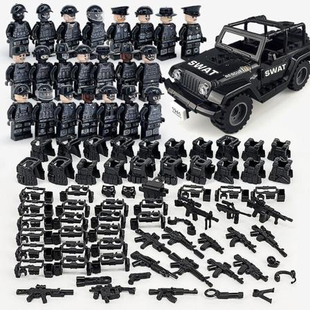 Militära byggstenar Serie Svart Special polis och bil små partiklar monterade minifigur set