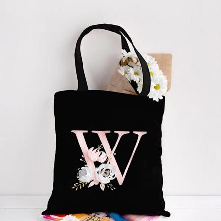 Canvas Tote Bag med Blomsterbogstaver Mønster Shopping Rejse Kvinder Øko Genanvendelig Skulder Shopper Tasker Matches the image