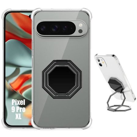 Cover til Google Pixel 9 Pro XL, - stødsikker gennemsigtig silikonebeskyttelse med ottekantet justerbar støtte