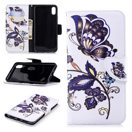 iPhone XS Max mobilfodral silikon konstläder stående plånbok - Fjäril och blomma
