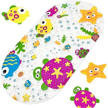 40cm x 68cm Sklisikker Badematte for Barn, Sklisikker Badematte, Massasjematte, Gulvmatte for Småbarn med Sterke Sugekopper, Klar Havdyr