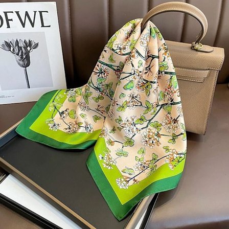 100% Mulberry Silke 27-tommer firkantet tørklæde, damehalsklud/sjal, vintage grønt blomstermønster