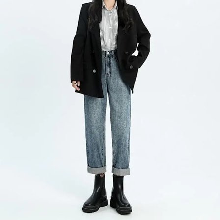 FINORD Hög Midja Casual Beige Baggy Jeans Dam Koreanska Höst Jeans Streetwear Harajuku Vintage Vinter Raka Denim Byxor Himmelsblå