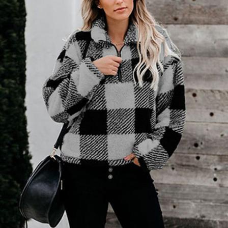 Plädtröja För Damer Fuzzy Sweatshirts Med Blixtlås Framtill