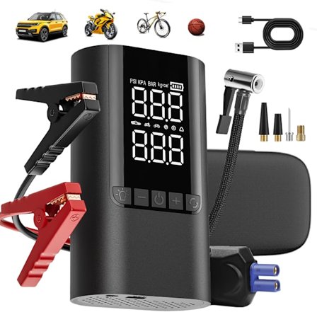 6000A 10000mAh Bilbatteri Booster - 12V Benzin & Diesel Batteri Jumpstarter - 150PSI Luftkompressor med Smart Display - Hurtig USB Oplader - LED Lys