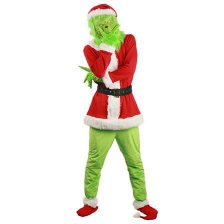 Jouluvaatteiden koristeet aikuisille ja lapsille Vihreähiuksinen Grinch-asu naamio huppu juhla-asu suit S
