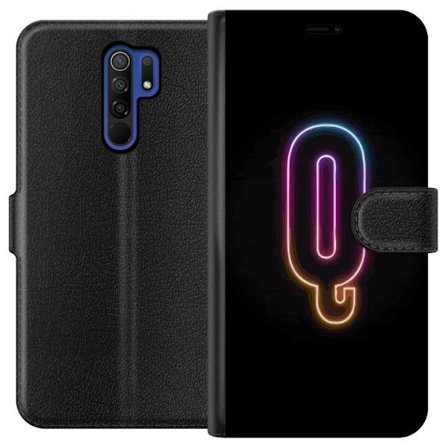 Kompatibelt Plånboksfodral till Xiaomi Xiaomi Redmi 9 Minimalistisk neonbokstav Q i lysande färger mot mörk bakgrund