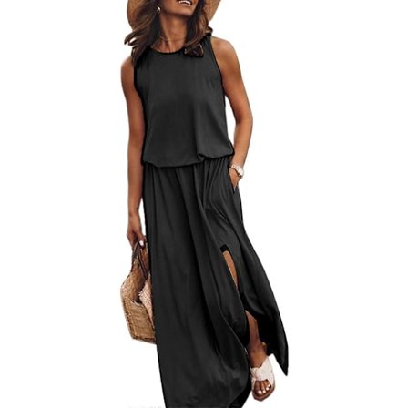 Sommer Casual Maxi-Kjole Løse Lommer Splitt Boho-Strand Sommerkjole-Kveldsfest Løs Passform Rund Hals Kjoler-Dekor Svart XL