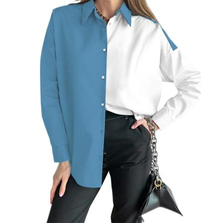 Dam Långärmad Enkelknäppt Blus Color Block Tunikaskjorta