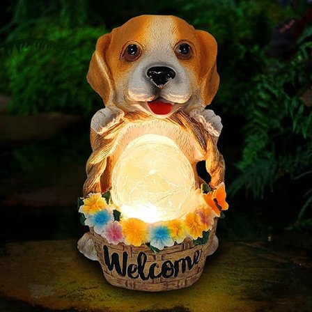 Havefigur til Haven Solcelledrevet Udendørs Statuer, Hvalpe Velkomstskilt med Solcelledrevne LED-Lys til Haveindretning Terrasse, Balkon, Have, 