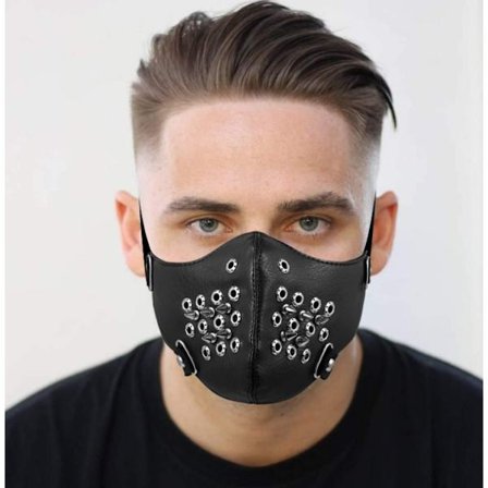 Svart ansiktsmask i konstläder med perforerade ringar & spikes