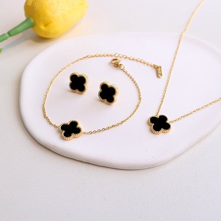3 st set i titanstål, guldpläterade set med lyckoklöverhalsband och örhängen för flickor och kvinnor