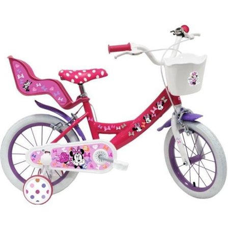 Flickbarncykel 14'' Minnie / Disney (barnstorlek 90 cm till 105 cm) Vit & Rosa, utrustad med 2 bromsar, dockhållare, främre korg