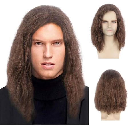 Miesten ruskea peruukki, keskipitkä, kiharat hiukset