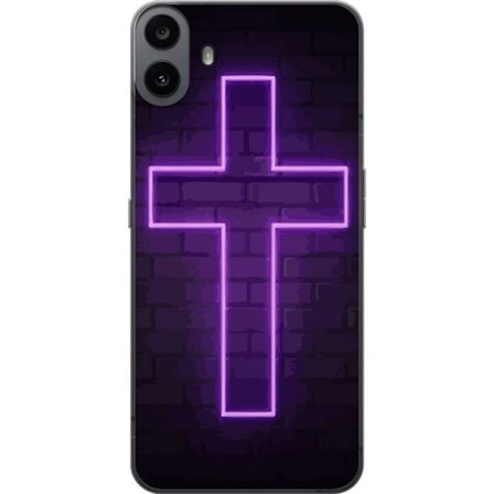 Yhteensopiva Puhelinkuori Nothing Nothing CMF Phone 1 Neonristi purppuranvalossa tummaa tiiliseinää vasten, symbolinen motiivi vahvalla hohto modern