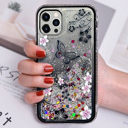 Iphone Glitter Flytande Skal Söt Fjäril Bling Rhinestone Diamant Sida Stötfångare Flytande Kvicksand Rolig Vattenfall Flytande Bling Bling Skal Lyx 