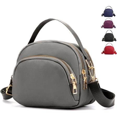 Cross Body Telefonveske Dame, Nylon Lommebok Skulder Bag, 3 Lags Glidelås Mobiltelefon Pung med Justerbar Rem (Grå 6)