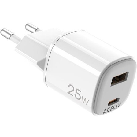Celly Snabbladdare GaN 1 x USB-A + 1 x USB-C PD 25W - Vit