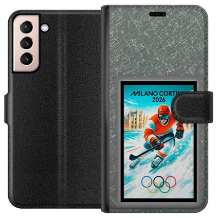 Yhteensopiva Lompakkokotelo Samsung Galaxy S21 Curlingkuvitus pelaajilla ja kivillä jäällä, Milano Cortina 2026, lumisia roiskeita ja olympiasormukset