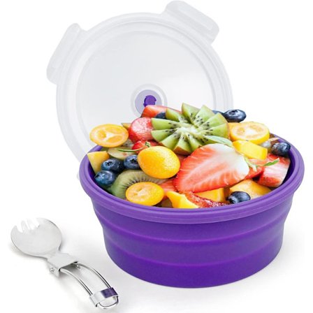 Sammenklappelig Campingskål med Låg & Ske - 1200ml Stor Silikone Madbeholder, Mikrobølgeovn & Opvaskemaskine Sikker Bento Boks til Rejser