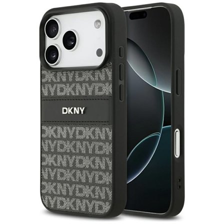 DKNY Repeat Texture Pattern with Tonal Stripe iPhone 17 Pro Case - Musta