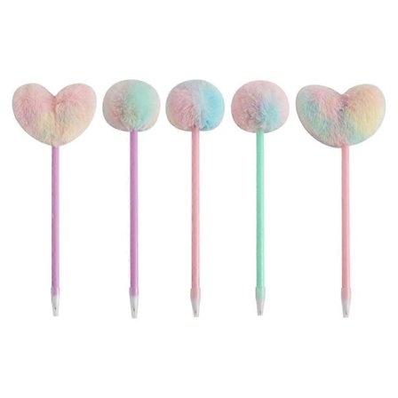 5 stk. Dekorative kuglepenne med pompon-top, søde, bløde kuglepenne, hjerte-pompon-pen