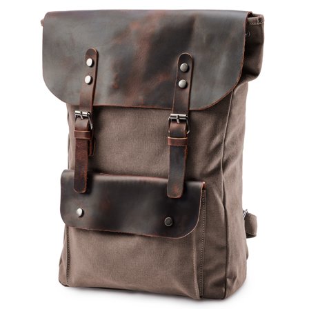 Vintage-Style Light Brown Leather & Canvas Backpack for Men - Backpacks