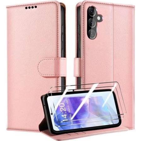 Etui + 2 hærdede briller til Samsung Galaxy A55 5G, stødsikker lædereffekt med kortholderfunktion - Pink Rosa