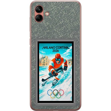 Yhteensopiva Puhelinkuori Samsung Galaxy A04 Curlingkuvitus pelaajilla ja kivillä jäällä, Milano Cortina 2026, lumisia roiskeita ja olympiasormukset