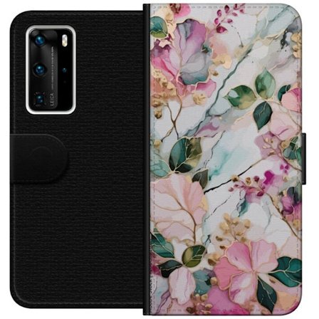 Kompatibel Tegnebogsetui til Huawei P40 Pro Abstrakt marmormønster med blomster, blade og gyldne detaljer i bløde pastelfarver