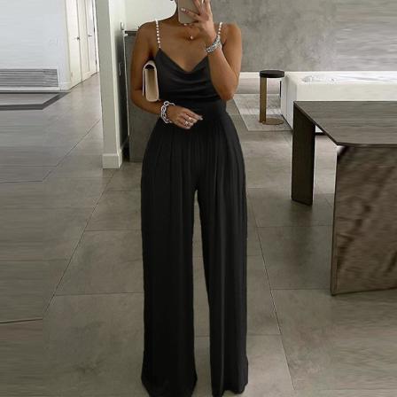 Naisten rento yksivärinen pitkä playsuit löysä lady Pearl Suspender Jumpsuit(XL Musta)