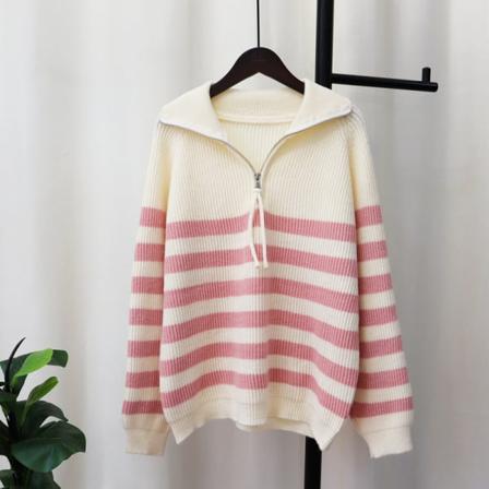Naisten Neuleet Syksy Talvi Neule Puolivetoketju Raidallinen Kontrasti Väri Löysä Retro Neulepusero Pink 60*104*63cm
