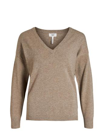 Objthess L/S V-Neck Knit Pullover Noos Pullover Beige Object*Betinget Tilbud