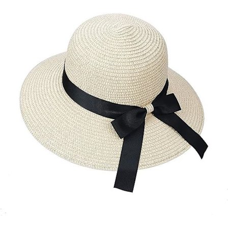 Beige - stråhat til kvinder med bred skygge, solhat med UV-beskyttelse, sommerhat til stranden, foldbar, med sløjfedekoration, afslappet rejsehat