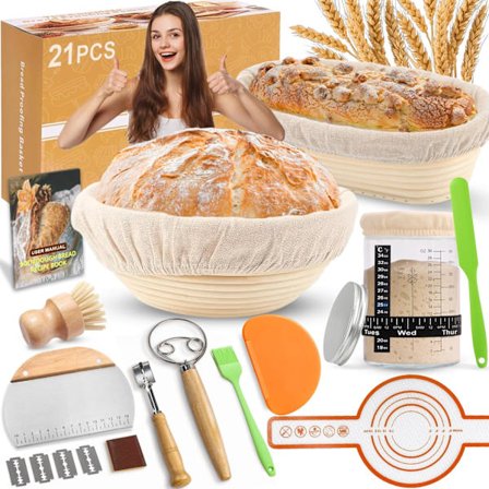 21-delt surdejsstartsæt – 2 hævekurve (25 cm oval & 23 cm rund) + 900 ml surdejsglas, komplet brødbagningstilbehør til begyndere