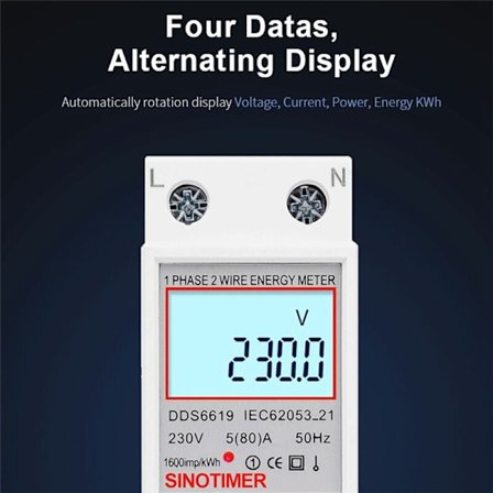 DDS6619-008 LCD Digital Wattmeter 1-fase totråds Strømforbruk Elektrisk Måler KWh AC 230V 50Hz