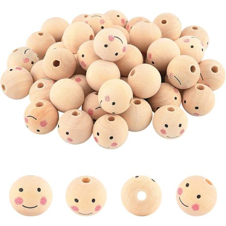 50 stk Træ Ansigtsperler, 25mm Store Naturlige Træperler Runde DXGHC