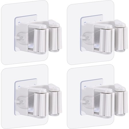 4-pakke mopp- og kostestativ veggmontering, kostgrep holder selvklebende uten boring, kost- og støvbrettstativ for hjem, hage, garasje, hvit