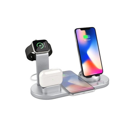 B07 4-i-1 Trådlös Laddningsstation Kompatibel med iPhone Apple Watch Airpods Silver