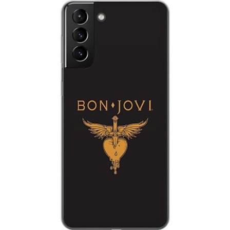 Kompatibelt Mobilskal till Samsung Galaxy S21+ 5G Ikonisk musikillustration med bevingat hjärta och dolk i guldtoner på mörk bakgrund, kraftfull oc