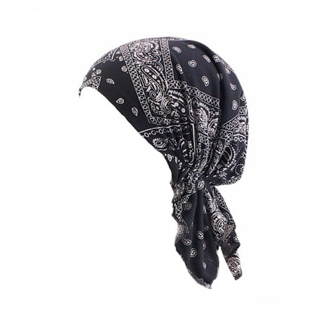 Elastisk bomuld trykt tørklæde hat kemo hat hovedbeklædning åndbar og vindtæt hovedbeklædning til kvinder Black