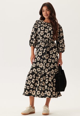 Happy Holly - Structure Flounce Midi Dress - Black/Patterned