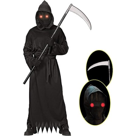 Grim Reaper Halloween-kostyme med glødende røde øyne