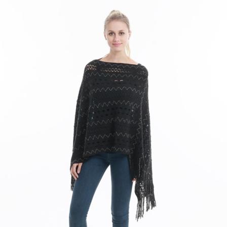 Svart Hollow-Out Pullover Poncho med tofs lös tröja Coat for Lady
