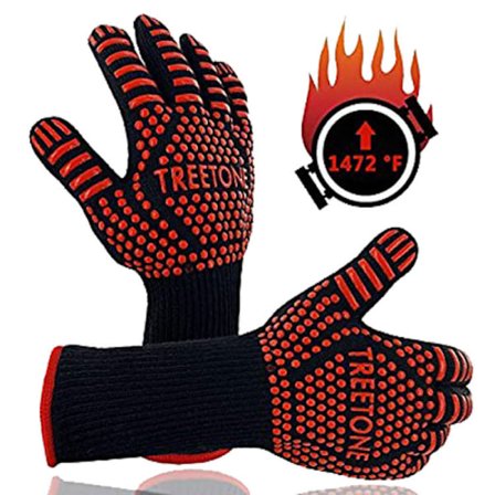 1 par varmebestandige grillhandsker til varmt grilludstyr, professionelle lange varmebestandige handsker til madlavning til grill (røde striber), mors