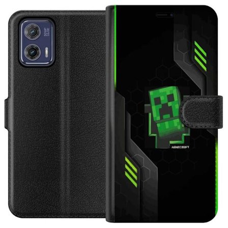 Yhteensopiva Lompakkokotelo Motorola Motorola Moto G73 Vihreä pikselipohjainen peli-esitys, jossa on futuristisia neon-elementtejä ja tumma tech-tau