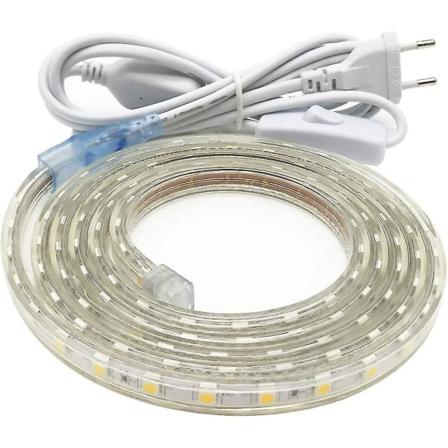3m LED-stripe, svært lys 220v LED-stripe med bryter, 5050 Ip65 vanntett, varm hvit