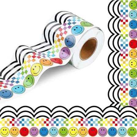7,5 cm x 10 m Smile Face Anslagstavla Kanter 3 Designer Groovy Board Kanter Happy Face Regnbågsstrålar Tema Klassrumsinredning Färgglada Trim 
